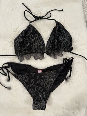 Paradizia Black Lace-Trim Triangle Bikini Set - Women's Swim